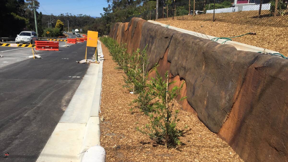 A row of callistemon (bottlebrush) has been planted in front of Blackheath's mock rock wall at the eastern approach to town.