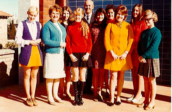 Circa 1970: Karen Ives (red jumper, black boots) as a young stenographer with Blue Mountains council.