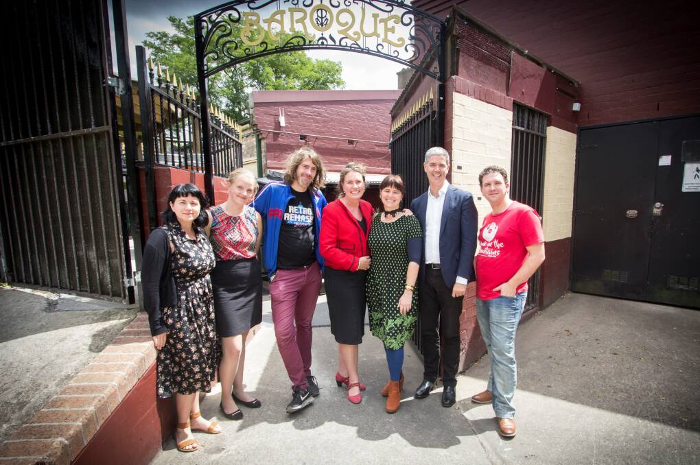 Charity Mirrow, Millie Hope, Willem Hendriksen, Trish Doyle MP, Meg Benson, John Graham MLC and Chris Cannell outside the Baroque Room in Katoomba. Photo: Camille Walsh Photography