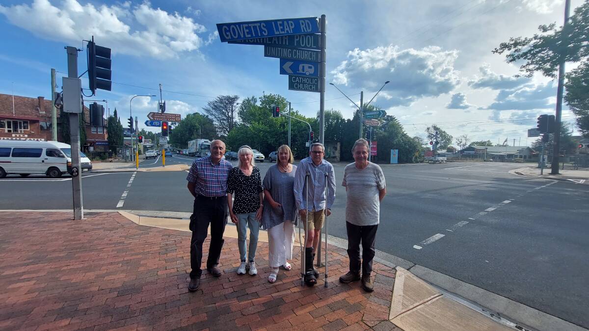 Locals John Allen, Sally Hollis, Adele Colman, Michael Paag and Gary Moore on the corner of the Great Western Highway and Govetts Leap Road in Blackheath.