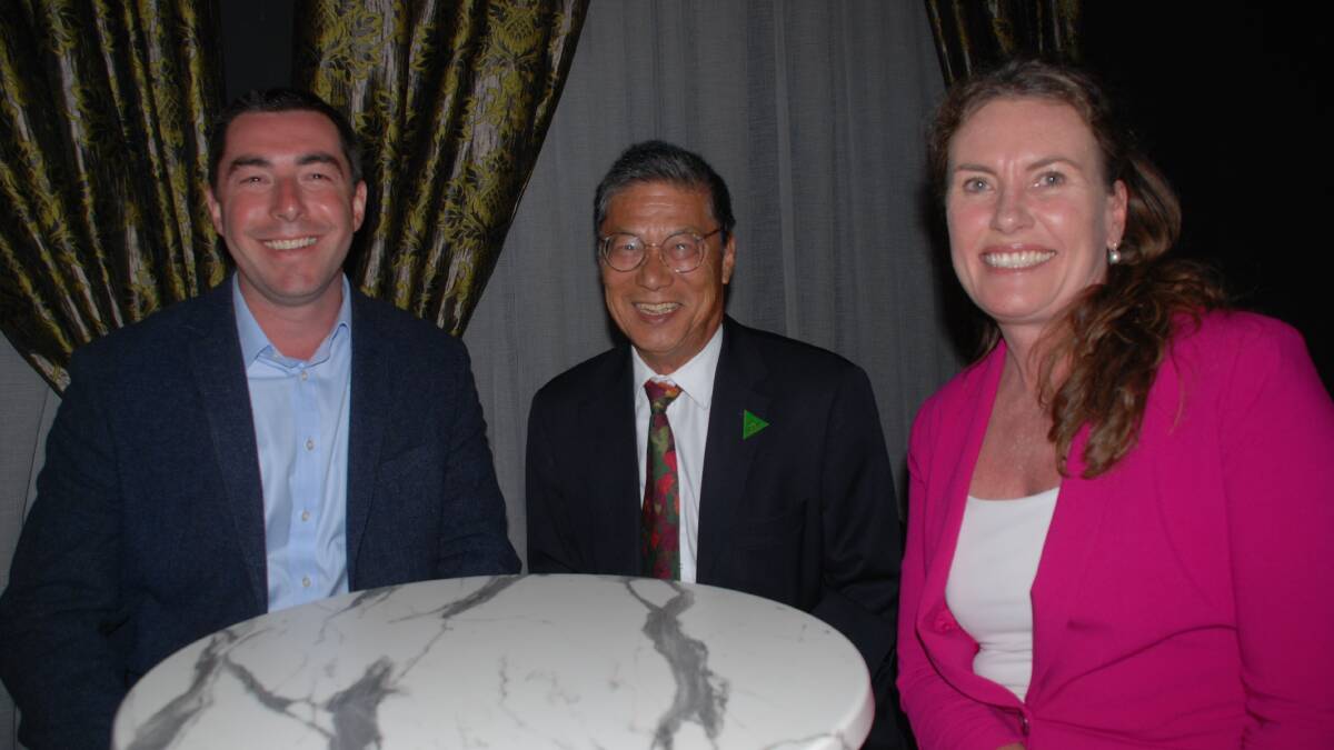 Political aspirations: Owen Laffin, Kingsley Liu and Trish Doyle in the Baroque Room at the Carrington Hotel in Katoomba after their 'meet the candidates' gathering.
