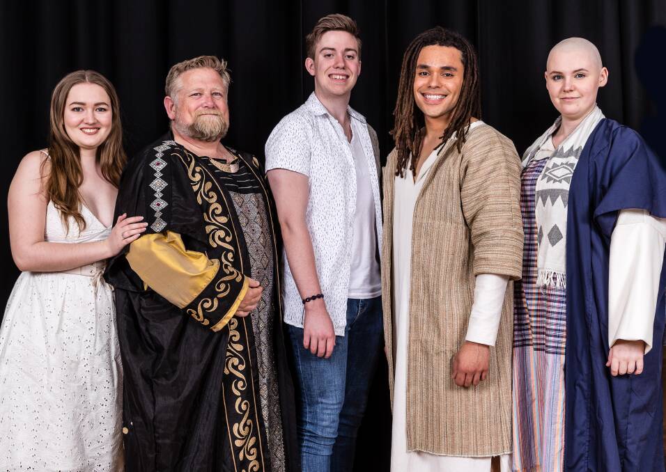 Local superstars: Mountains performers Jacqui Dwyer, Simon Peppercorn, Adam Cameron and Jenna Woolley with Joe Kalou (Jesus), second from right.