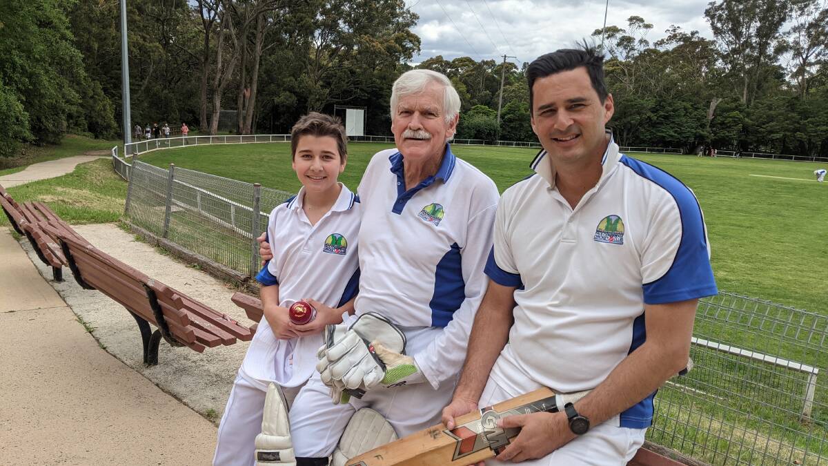 Veteran: Seventy-year-old Peter McSeveny (centre) with his grandson, Lachlan Emmanuel, and son-in-law Michael Emmanuel, who play together for Faulconbridge Phoenix.