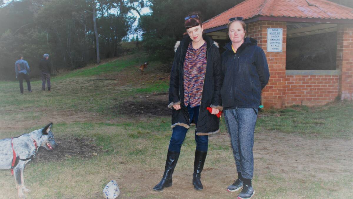 Standing: Brodie Alexander and Sarah Collins (with Dexter the blue heeler) at the park. Council said there is seating in the shed behind them.