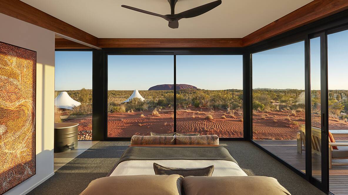 View of Uluru from Longitude 131's Dune Pavilion room. Picture: Supplied