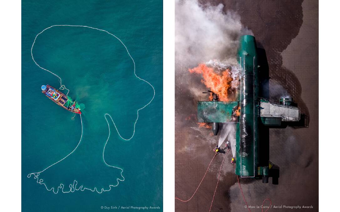 LEFT: A fishing boat is dropping a net and accidentally the waves pull the edges of the net into a lady on the blue sea. An accident of creation. Photo: Duy Sinh, Aerial Photography Awards 2020. RIGHT: Firefighters from the Jersey Airport Rescue & Firefighting Service work as a team to attack a simulated aircraft fire. These live fire scenarios are designed to ensure the crews are fully skilled and ready should a real incident occur! Photo: Marc Le Cornu, Aerial Photography Awards 2020