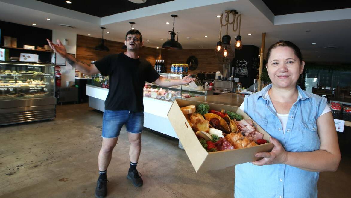 Deli and Dine on Market's Michael Matlijovski and Jo Nikolovski are dancing up a storm with their grazing boxes. Picture: Sylvia Liber.