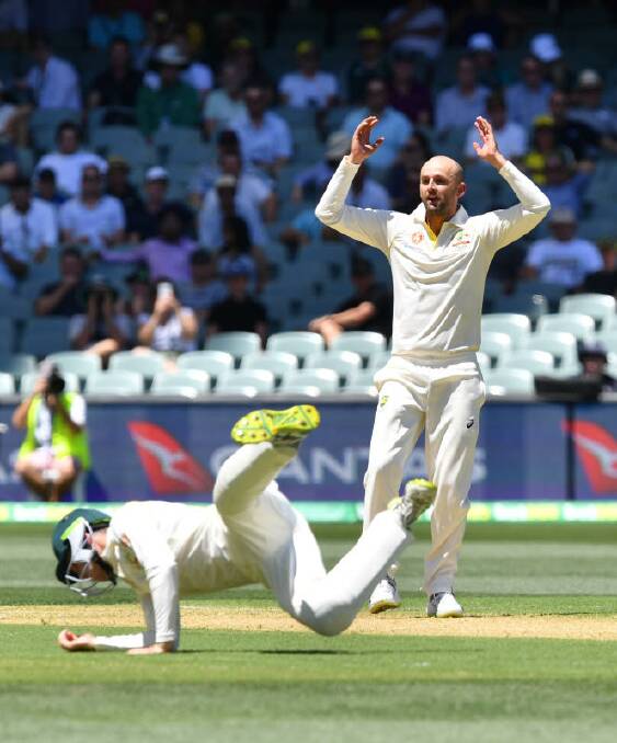 Nathan Lyon of Australia looks on as Peter Handscomb of stops the ball. Photo: AP