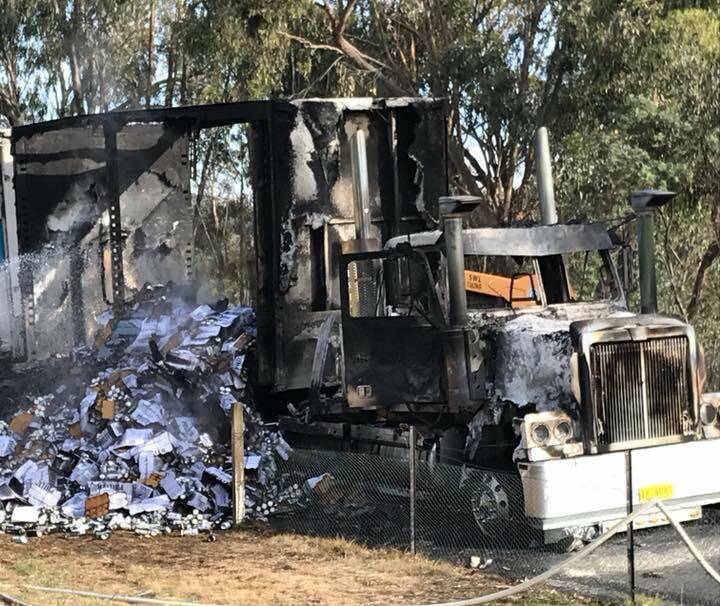 The beer truck, with the destroyed trailer. Image supplied from the RFS. 