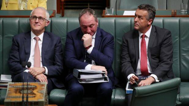 Prime Minister Malcolm Turnbull, Deputy Prime Minister Barnaby Joyce and Minister Darren Chester. Photo: Andrew Meares