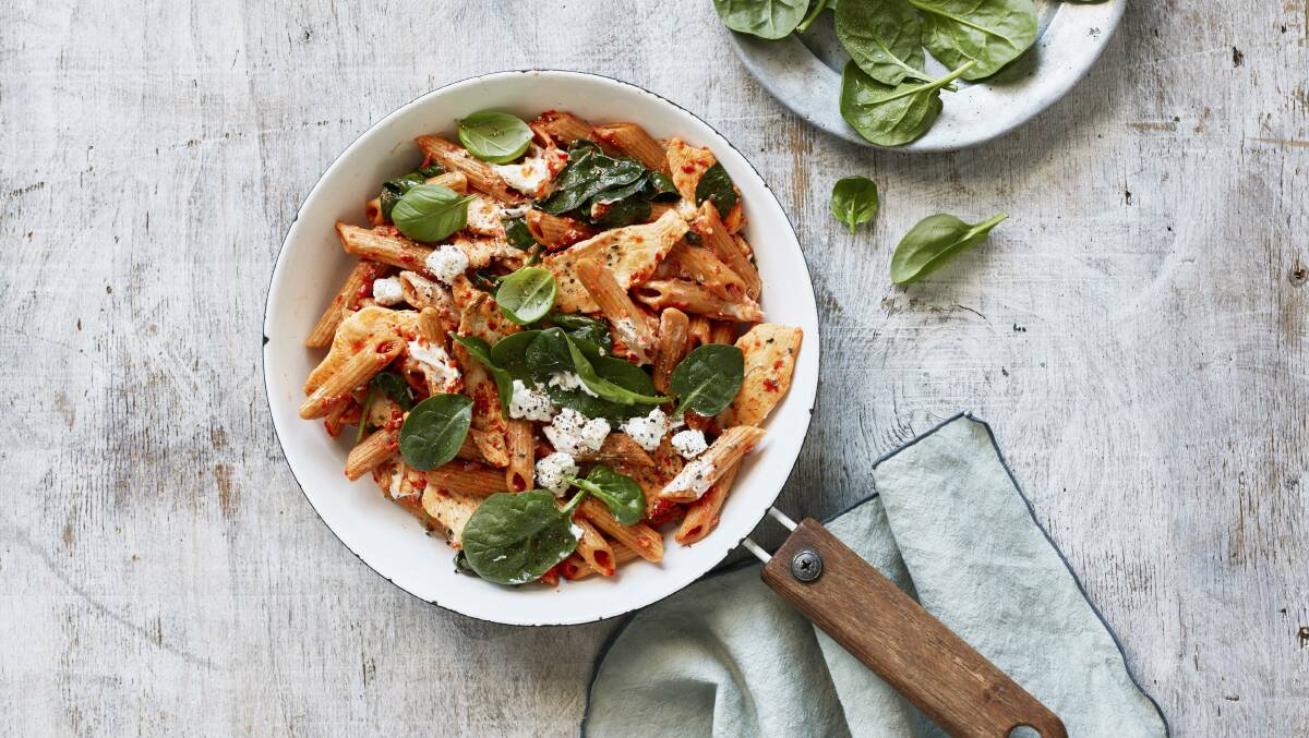 Pasta with chicken, roasted peppers and goat's cheese. Picture: Chris Chen