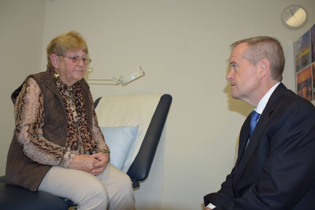 Colleen Webster from Nowra with Bill Shorten at Grand Pacific Health in Nowra on Wednesday. Picture: Rebecca Fist