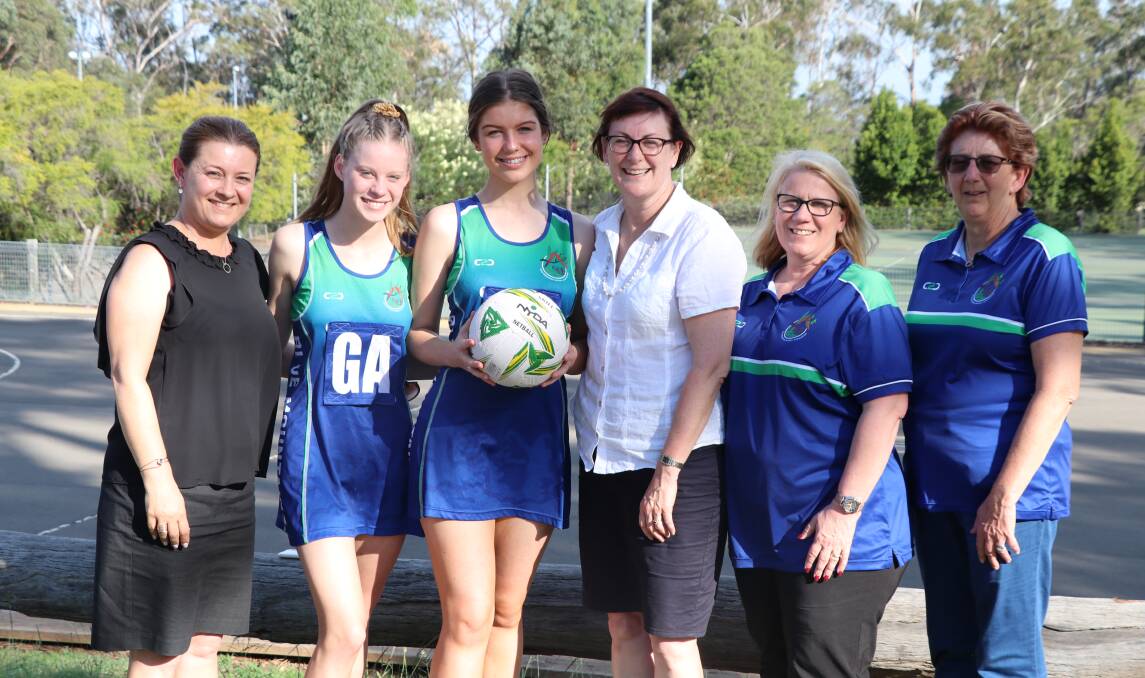 Susan Templeman (centre) with from left, Blue Mountains Netball Association's Margaret Murrin, Laura Patterson, Mahalia Everingham, Alison Yates and Denise Thrift.