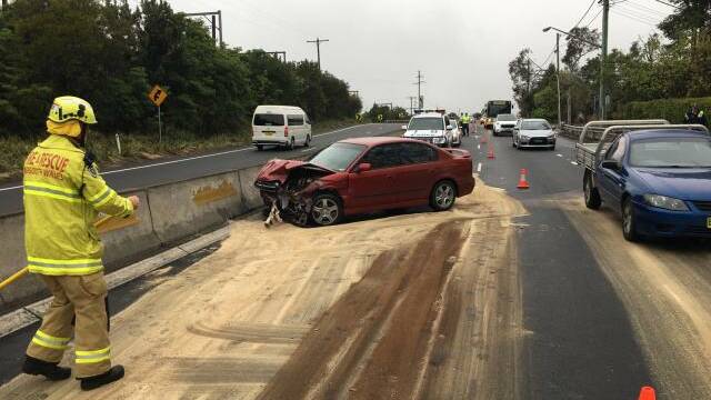 Long delays: A single vehicle car accident at Faulconbridge created hours of delays on the highway on Tuesday morning. Photo: Top Notch Video