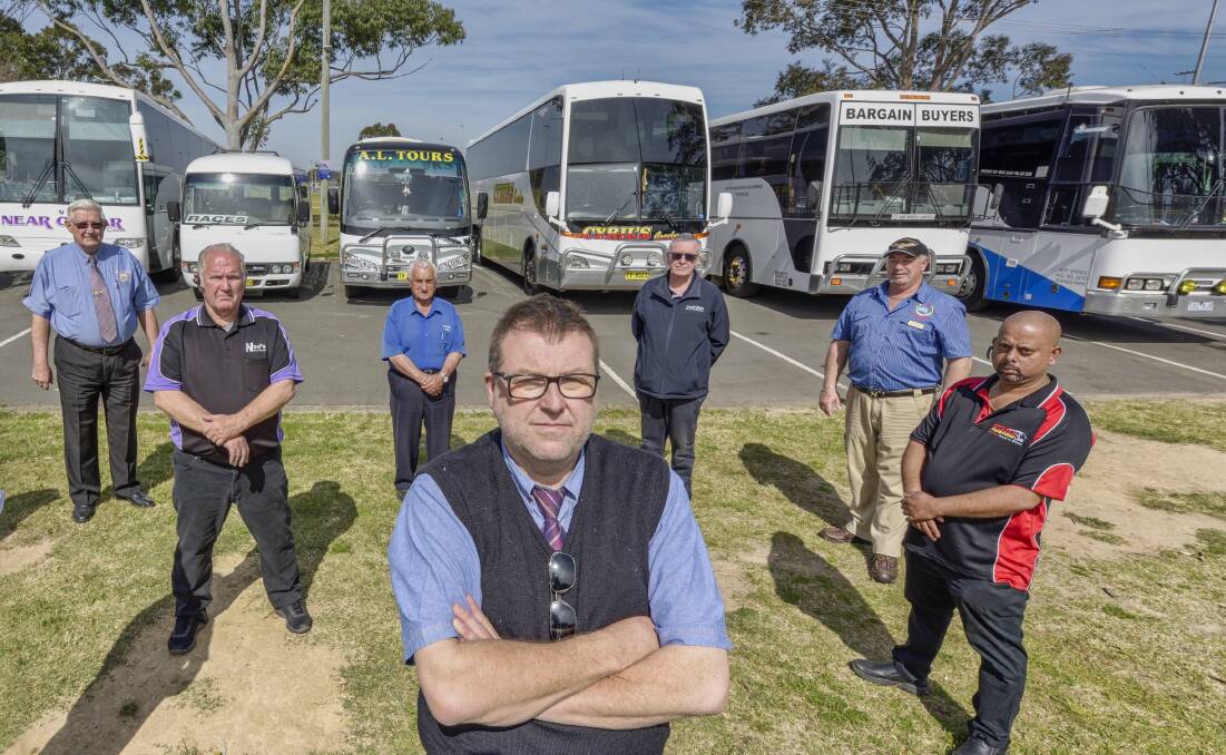 Near or Far Bus and Coach owner Rod Williams (front) with concerned bus operators Kelvin Weatherburn, Noel Harris, Andy Leonello, Steve Winwood, Jeff Spence and Cyril Govender.