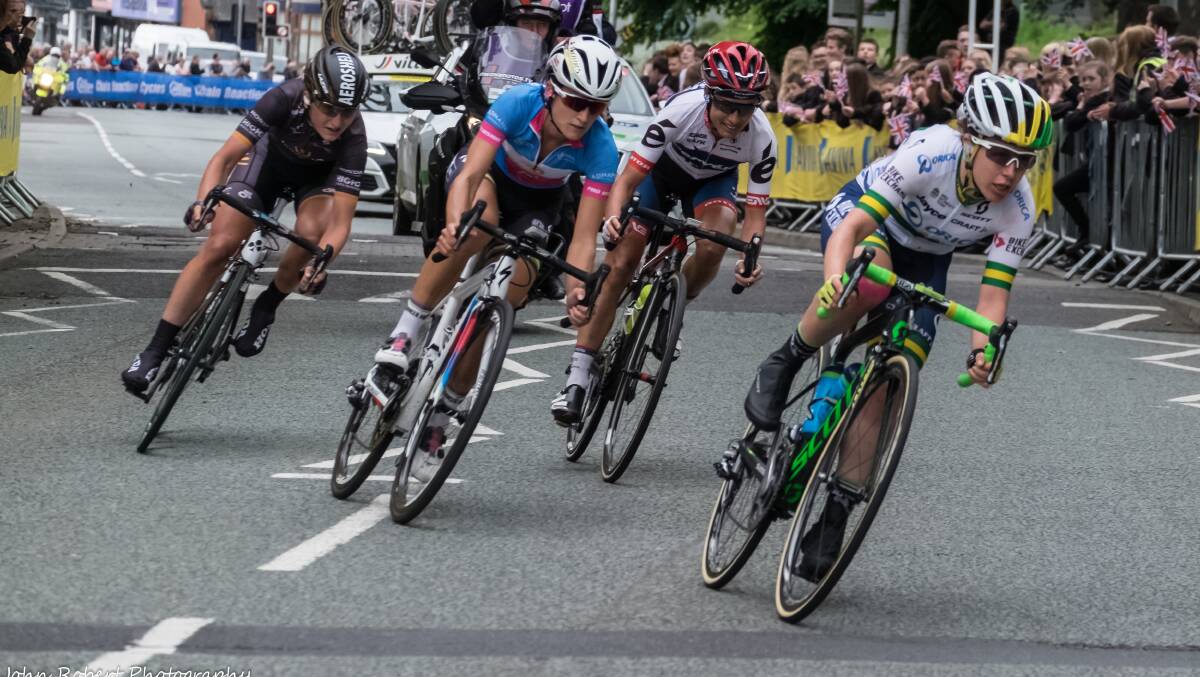 Sprint to the end: Amanda Spratt (right) and the three leaders on the stage three finishing straight of the Aviva Womens Tour in the UK in June 2016. Spratt finished fourth on that stage and fifth overall in the tour, increasing her prospects of Olympic selection. Photo: John Potter