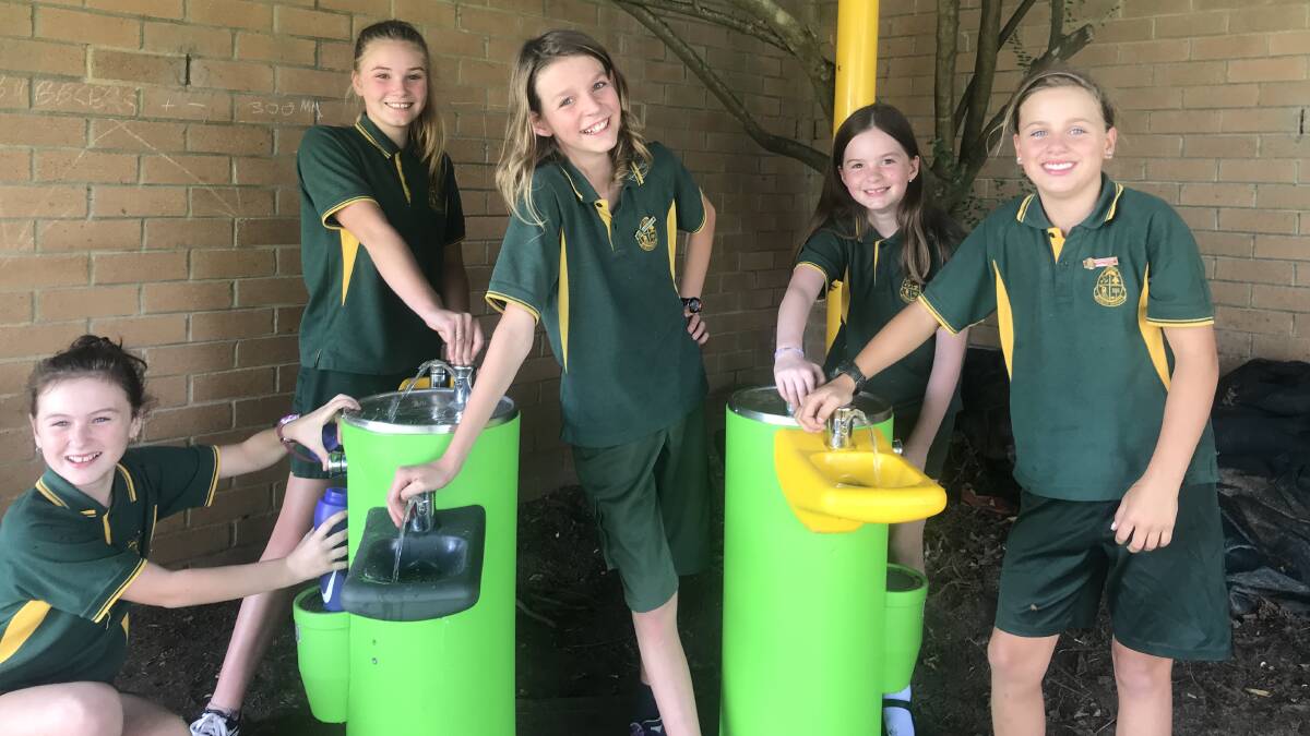 New water bubblers: Lawson Public School students Elaiya Sutherland, Hannah Betts (school captain), Luka MacDonald (school captain), Molly Jarman and Natalie Nash with the school's newest purchase.
