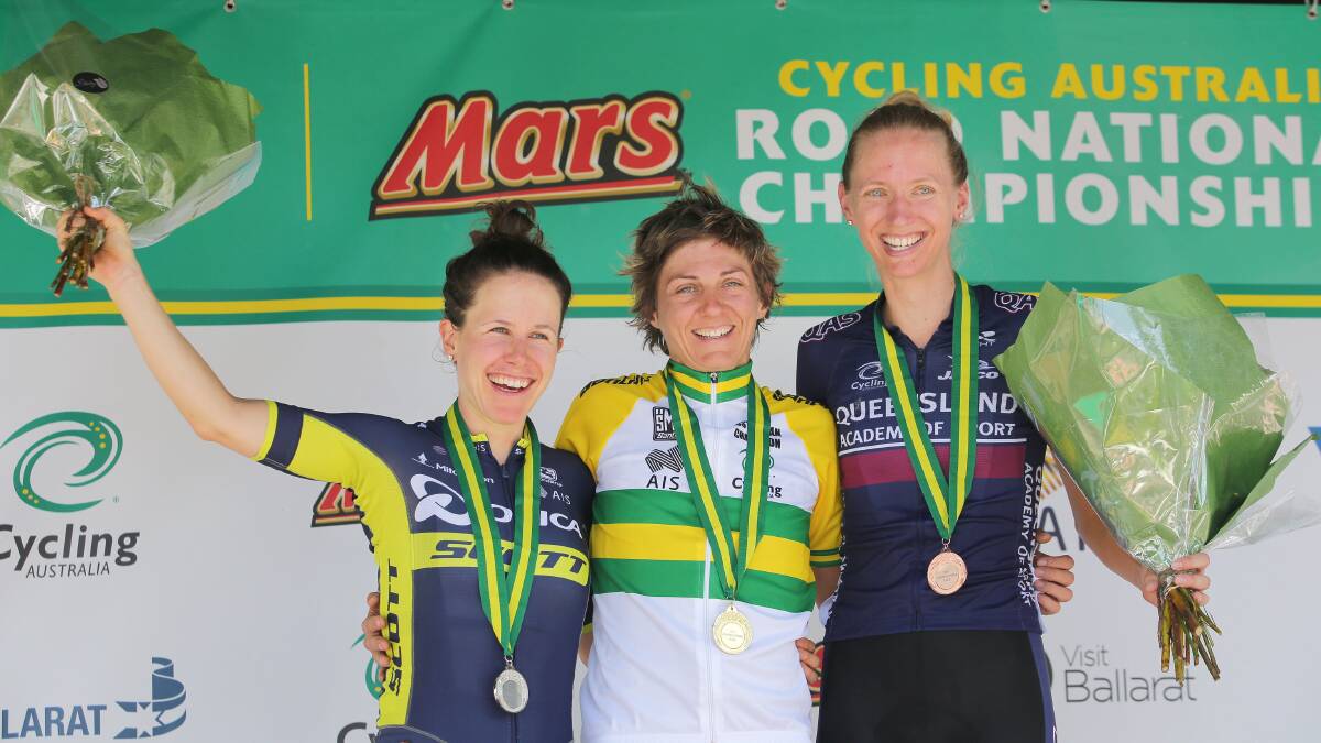 Winners: Amanda Spratt, Katrin Garfoot and third-placed Lucy Kennedy on the podium at the Road National Championships. Photo: John Veage