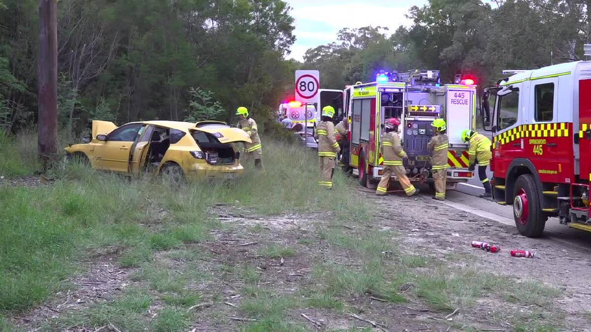 Faulconbridge accident: The driver was taken to Westmead Hospital to treat a possible concussion after hitting a power pole. Photo: Top Notch Video