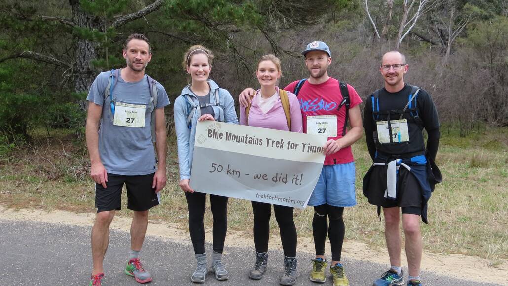 Highest Fundraisers the Silly Dili’s at the end of their Trek in 2016, Adam Finch, Steph Partridge, Alice Gibson, Charlie Finch and Greg Morrissey.