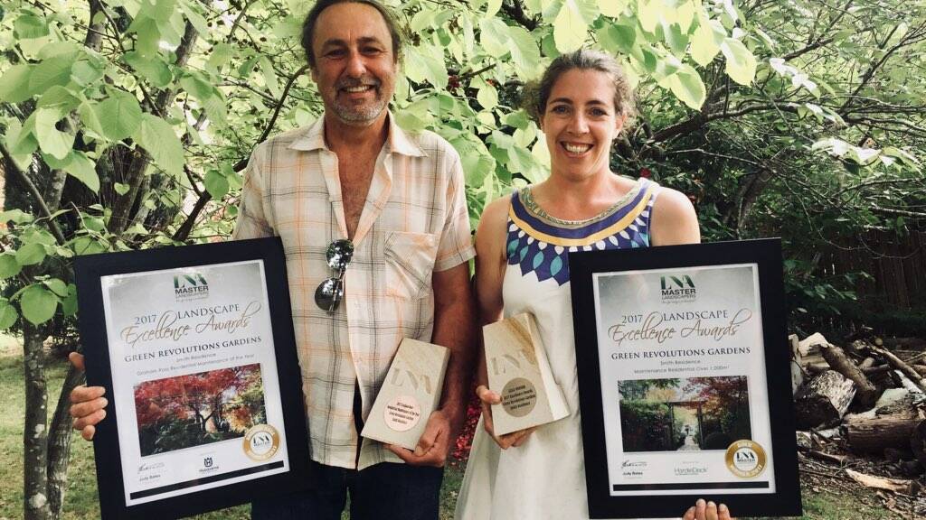 Over the moon: Matthew Thummler and Jocasta Milligan from Green Revolution Gardens with their awards for excellence in residential maintenance.