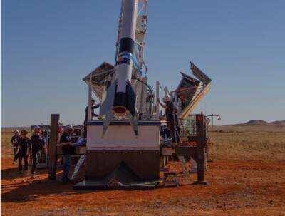TEST SITE: Gilmore Space Technologies rocket on the launch pad in Boulia before its unsuccessful launch.