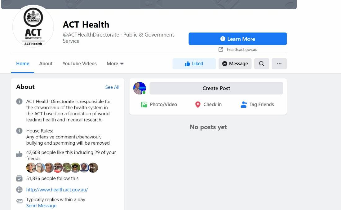 ACT Health's Facebook page has been blocked, following the social media giant's news ban in Australia.