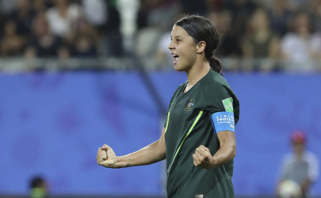 Australia's Sam Kerr celebrates after scoring her side's fourth goal during the match against Jamaica. Picture: AP