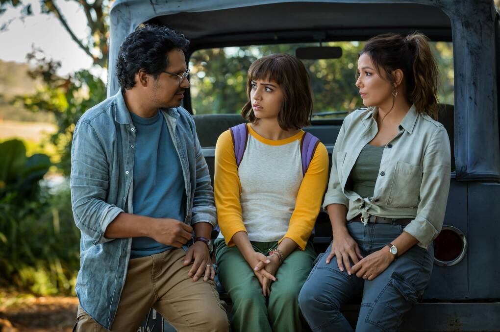 L-r, Michael Pea, Isabela Moner and Eva Longoria, in a still from Dora and the Lost City of Gold. Picture: Paramount