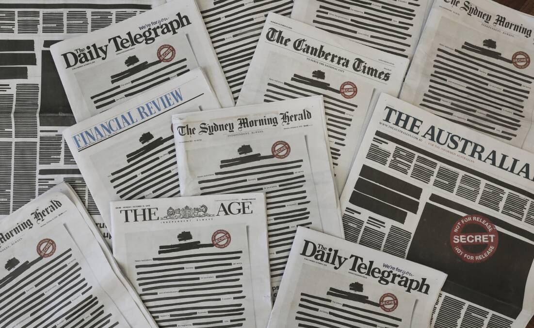 Newspaper front pages on October 21, kicking off the media's Right to Know campaign against government secrecy. Picture: Alex Ellinghausen