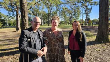 Blue Mountains mayor Mark Greenhill, Blue Mountains MP Trish Doyle and Ward 4 Councillor Nyree Fisher at Thomas Park in Blaxland to announce the $6.1 million Neighbourhood Parks Program. Picture supplied