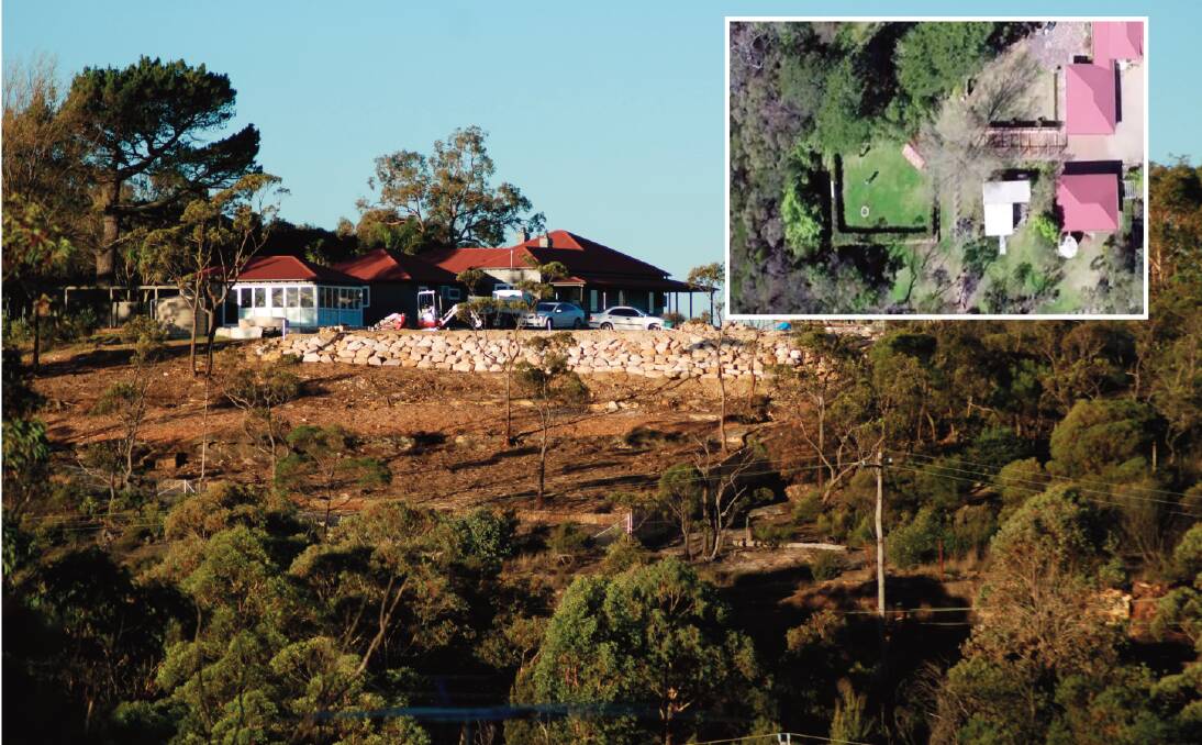 Contrary to the 10/50 Code of Practice:  The Woodford property after the tree clearing, and (inset) an aerial shot before the vegetation was removed. Blue Mountains City Council pursued legal action against the Woodford homeowners David and Lyn McKenzie following the clearing of native vegetation around their home which was visible from the highway.