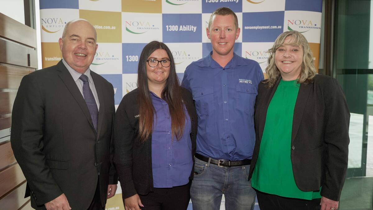 From left, NOVA Employment CEO Martin Wren, Tahlia Murray and Tom Davis of Mitre-10, and NOVA Katoomba manager, Lyn White.