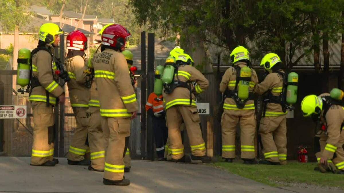 Fire crews at the substation fire at Blaxland on Wednesday. Photo: Top Notch Video.