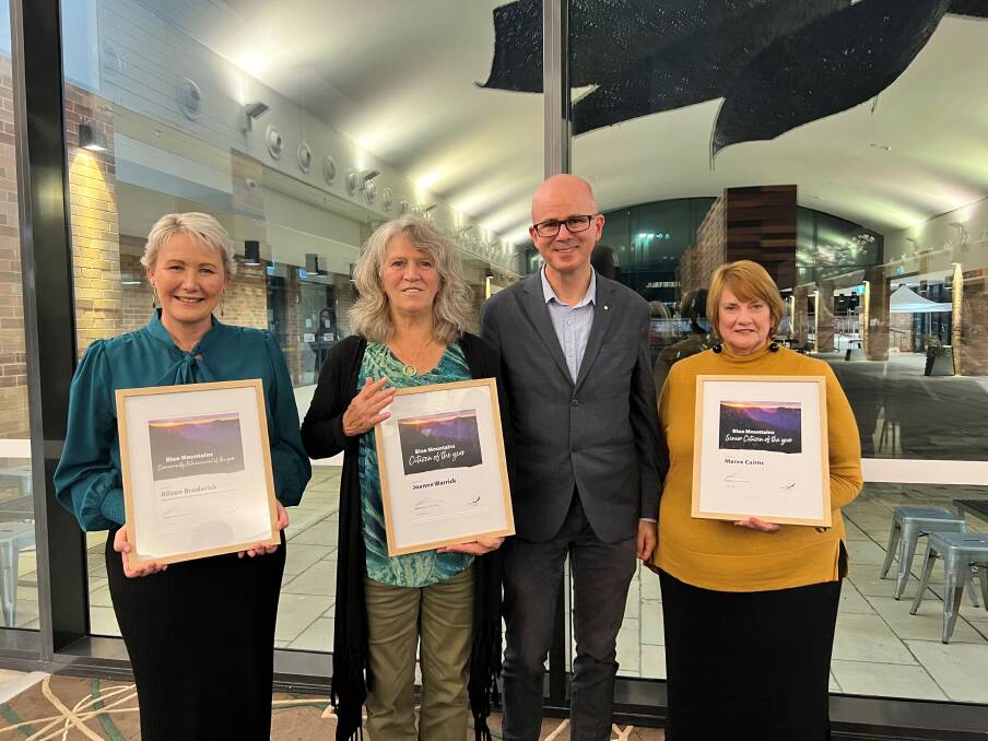 Blue Mountains Local Citizen of the Year Awards recipients - Alison Broderick, Joanne Warrick and Maree Cairns with Blue Mountains mayor Mark Greenhill.