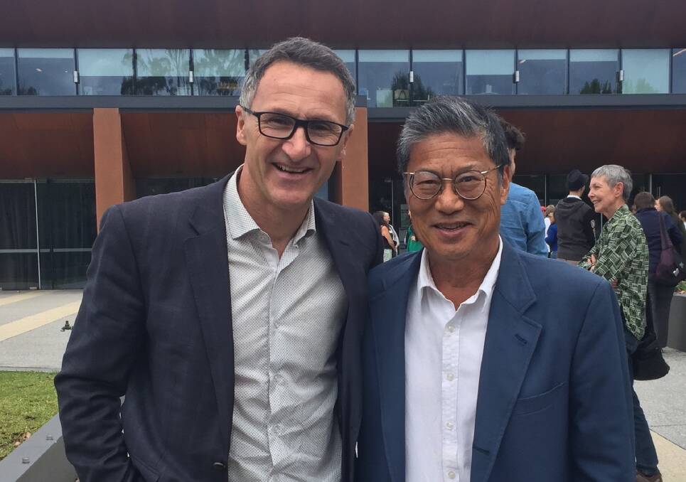 Kingsley Liu with Australian Greens leader Richard Di Natale at the Springwood Hub last November.