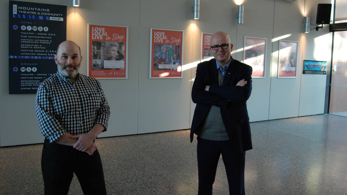 Blue Mountains Theatre and Community Hub manager Tim Smith (left) with Blue Mountains mayor Mark Greenhill in the theatre foyer.