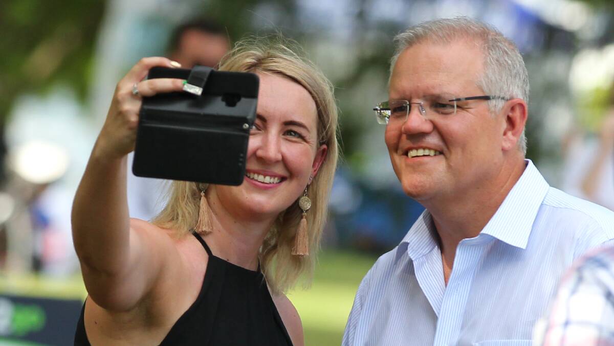 Liberal candidate for Macquarie Sarah Richards with Prime Minister Scott Morrison. Picture: Geoff Jones.