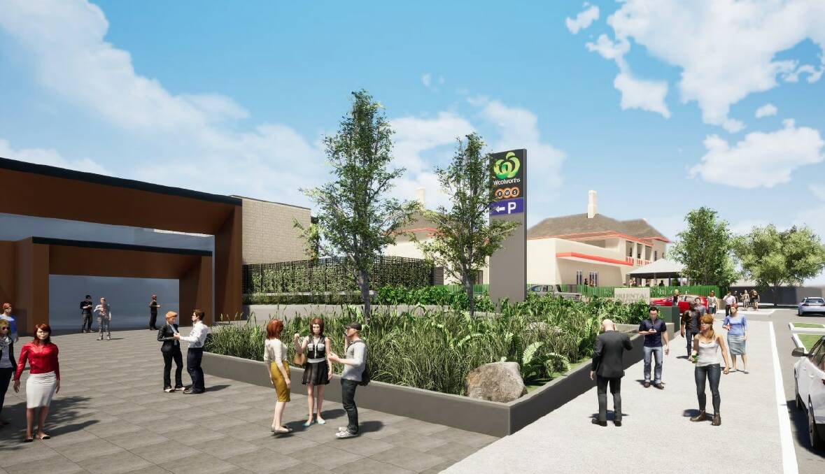 Signage for the Woolworths supermarket proposal as seen from the Blue Mountains Community Theatre and Hub forecourt.