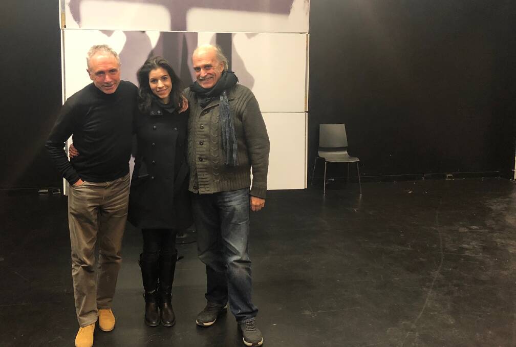Katoomba playwright John Shand with Eva Petric and Robert McNamara on stage at the Atlas Performing Arts Center. Photo: Supplied.