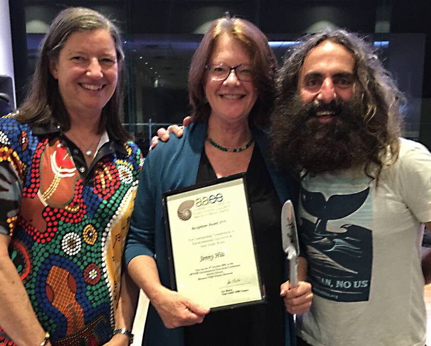 Jenny Hill, pictured with Sue Martin, Chair of the Australian Association for Environmental Education (NSW), and Patron of AAEE (NSW), Costa Georgiadis.