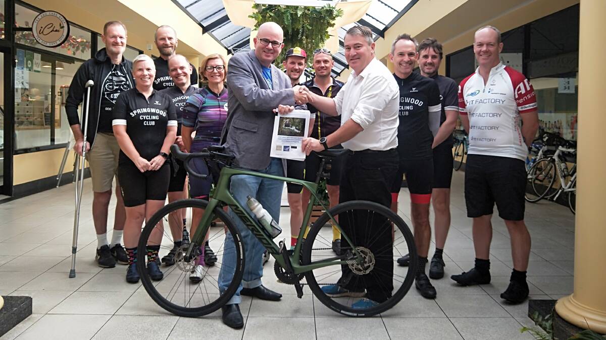 Blue Mountains cyclists with Blue Mountains mayor Mark Greenhill promoting the shared walking/cycling link between Penrith and Glenbrook in March. From left, cyclists Rob Davies, Lisa Joy Brown, Daniel Zanardo, Jono Shead, Michelle Williams, Mayor Mark Greenhill, Richard Barclay, Jon Wright, David Tritton, Clive Bradshaw, Andrew O'Brien and Anthony Hopkins. Picture: Supplied