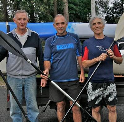 Training: Lindsay Settree, Bill Joannou and Vince Spisso paddling for the Black Dog Institute. Readers can donate at the Gazette office donation tin.