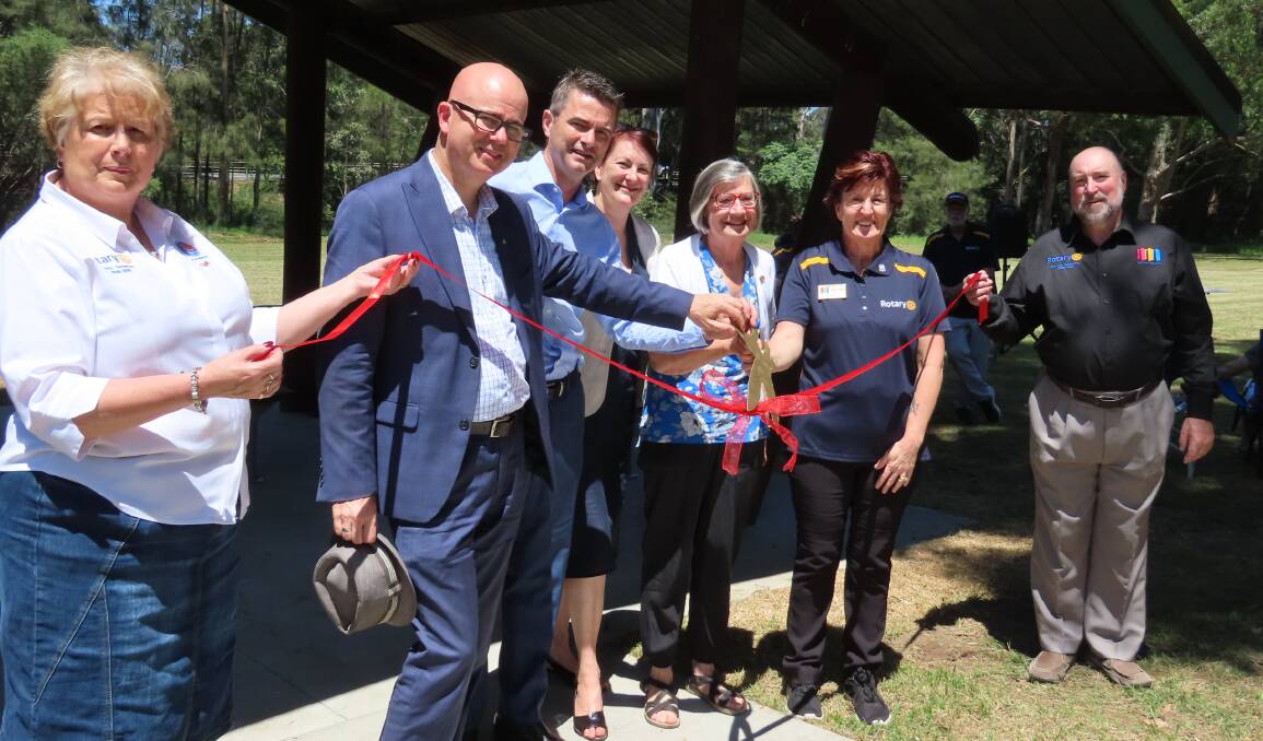 Cutting the ceremonial ribbon to open the revamped shelter at Whitton Park - from left, Susan Wakefield OAM, Mayor Greenhill OAM, Hon Shayne Mallard MLC, Federal Member Susan Templeman MP, Carolyn Cook, President Michele Ellery, District Governor David Clark.