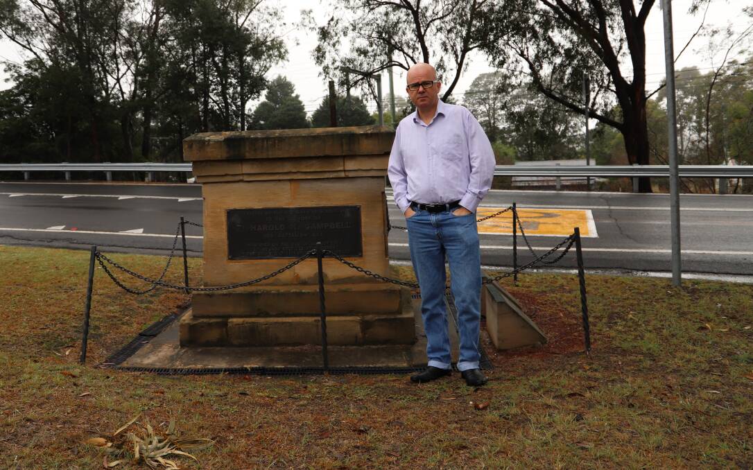 Blue Mountains Mayor Mark Greenhill at the memorial for Private Harold Campbell at Blaxland War Memorial Park.
