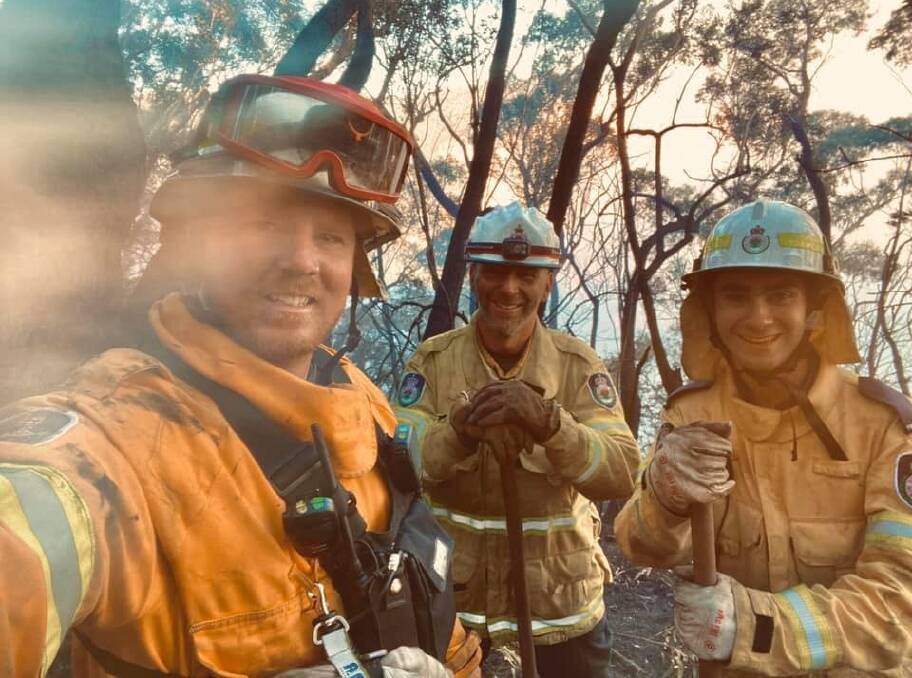 Katoomba/Leura Rural Fire Brigade members at the Ruined Castle Fire from right to left, Cameron Jones of Scenic World, Johan Candor, Will Hines of Scenic World. Photo: Cameron Jones.
