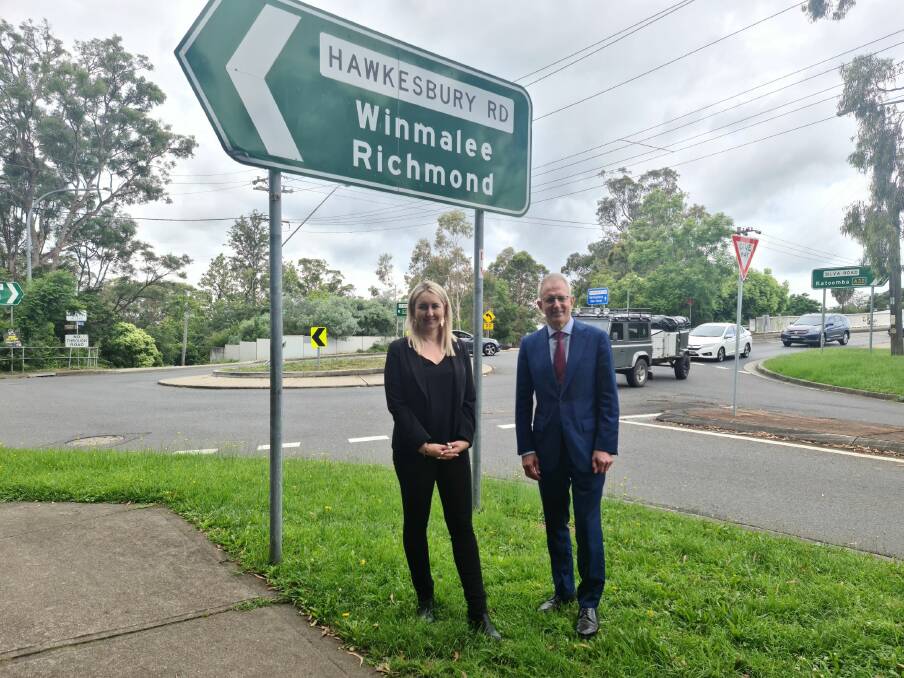 Liberal Party Macquarie candidate Sarah Richards with Federal urban infrastructure minister Paul Fletcher at Hawkesbury Road, Springwood.