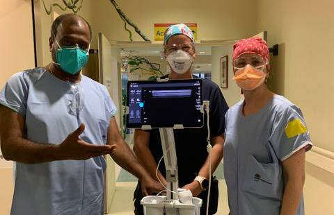 The new hand scanner with staff at Nepean Emergency, from left, Staff Specialist Dr Vijay Manivel, clinical assistant Kate Starr and advanced trainee Dr Laura Fitzpatrick.