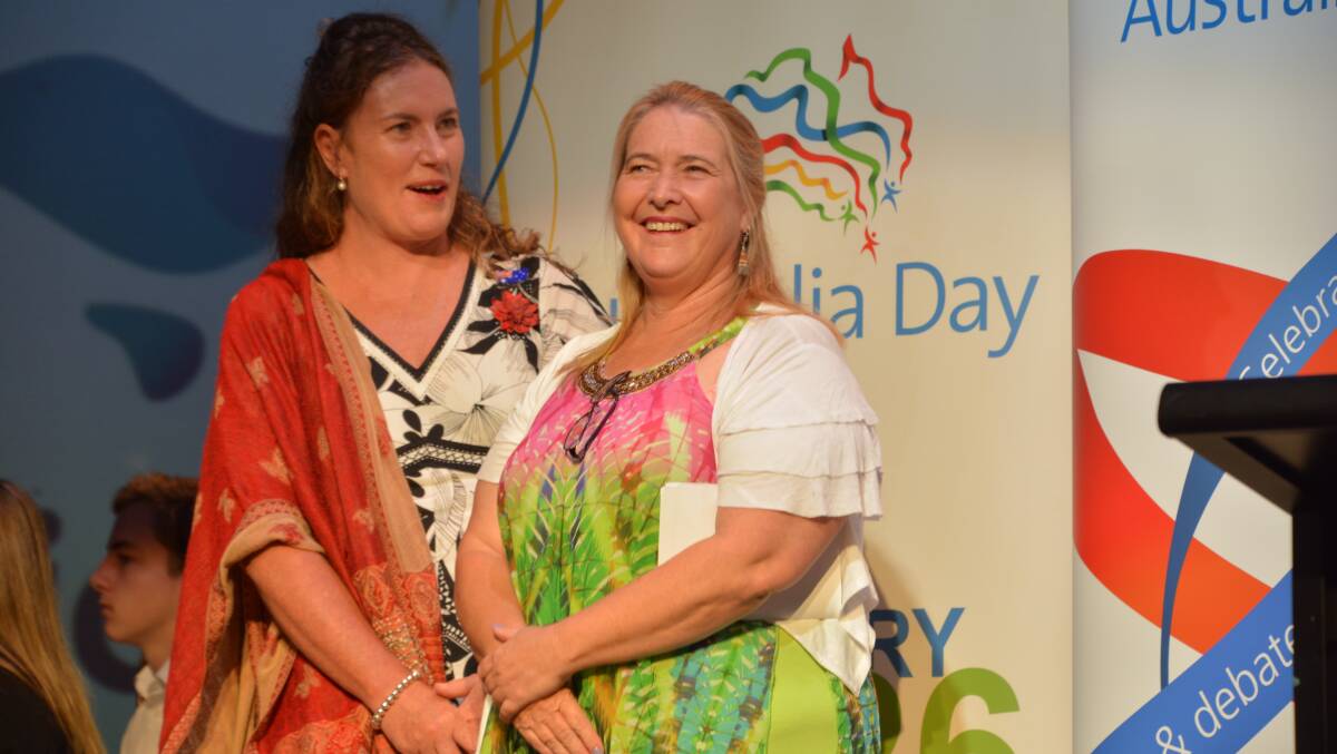 Kim Cowper (right) waits to the receive the Community Achievement of the Year award on behalf of Springwood Foundation Day committee, with Blue Mountains MP Trish Doyle.
