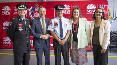 Acting Assistant FRNSW Commissioner Michael Morris, NSW Minister for Emergency Services Jihad Dib, Captain Graeme Browne, Trish Doyle MP, Deputy Mayor Romola Hollywood at the opening of the Wentworth Falls fire station. Picture supplied